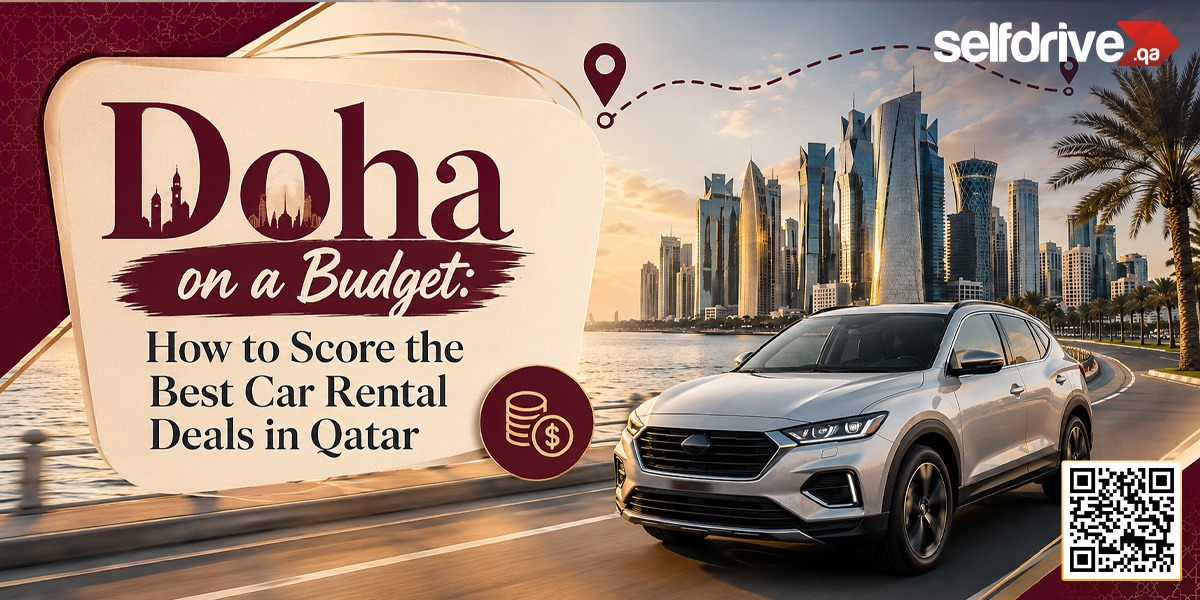 Doha skyline and waterfront road with a silver SUV, featuring a budget car rental guide for finding the best car rental deals in Qatar.